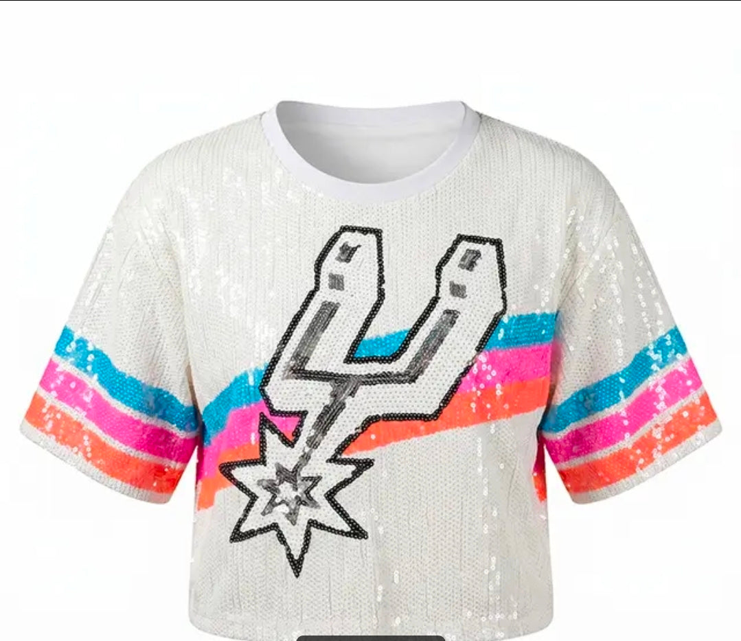 San Antonio Spurs White Sequin Boxy Top
