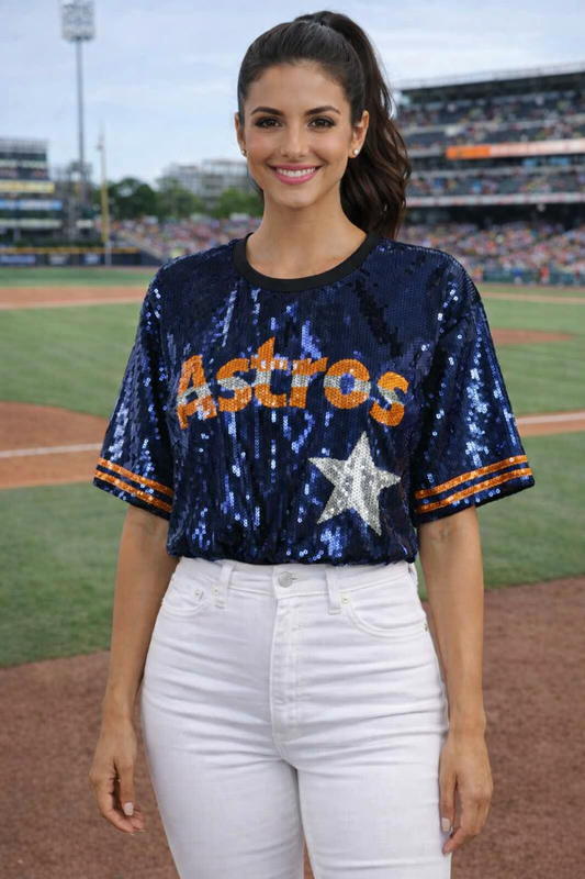 Houston Astros Baseball Sequin Boxy Crop Top Navy Blue