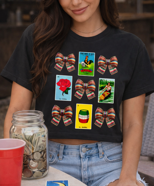 Loteria Mexican Coquette Bow Boxy Crop Tshirt