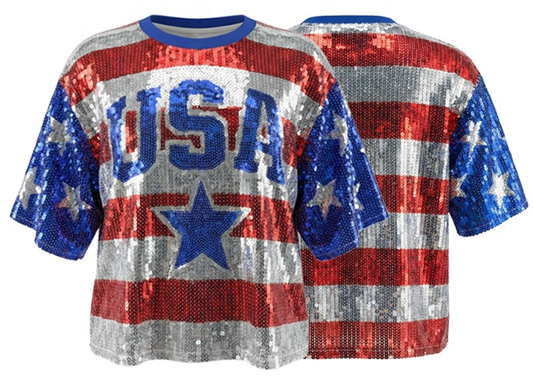 USA Red White and Blue Sequin Boxy Top