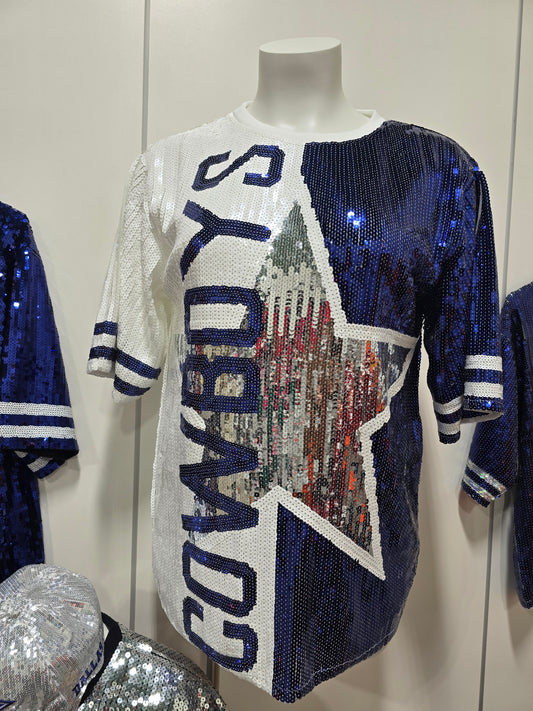 Dallas Cowboys Split Sequin White & Navy Blue Tshirt Dress