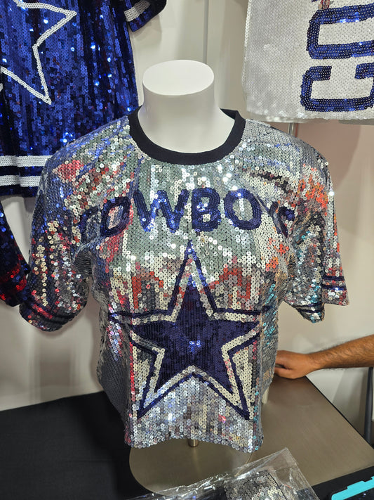 Dallas Cowboys Silver Sequin Boxy Crop Top