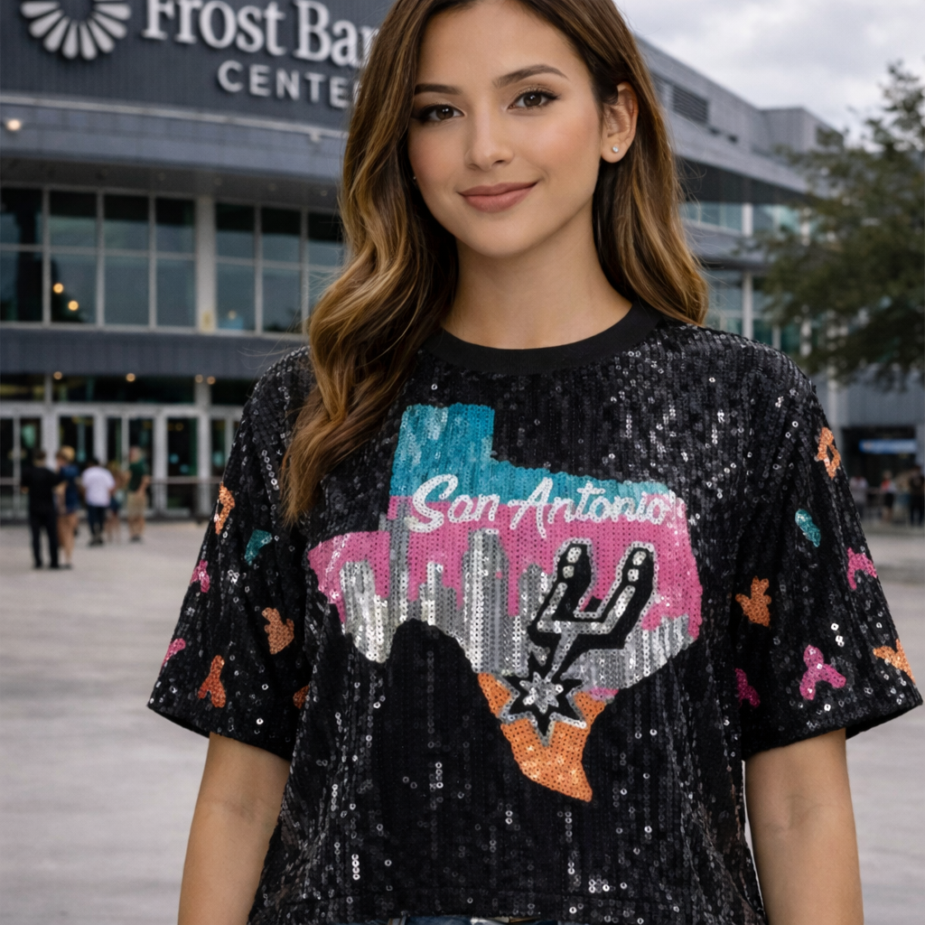Black Boxy San Antonio Spurs Sequin Skyline Top