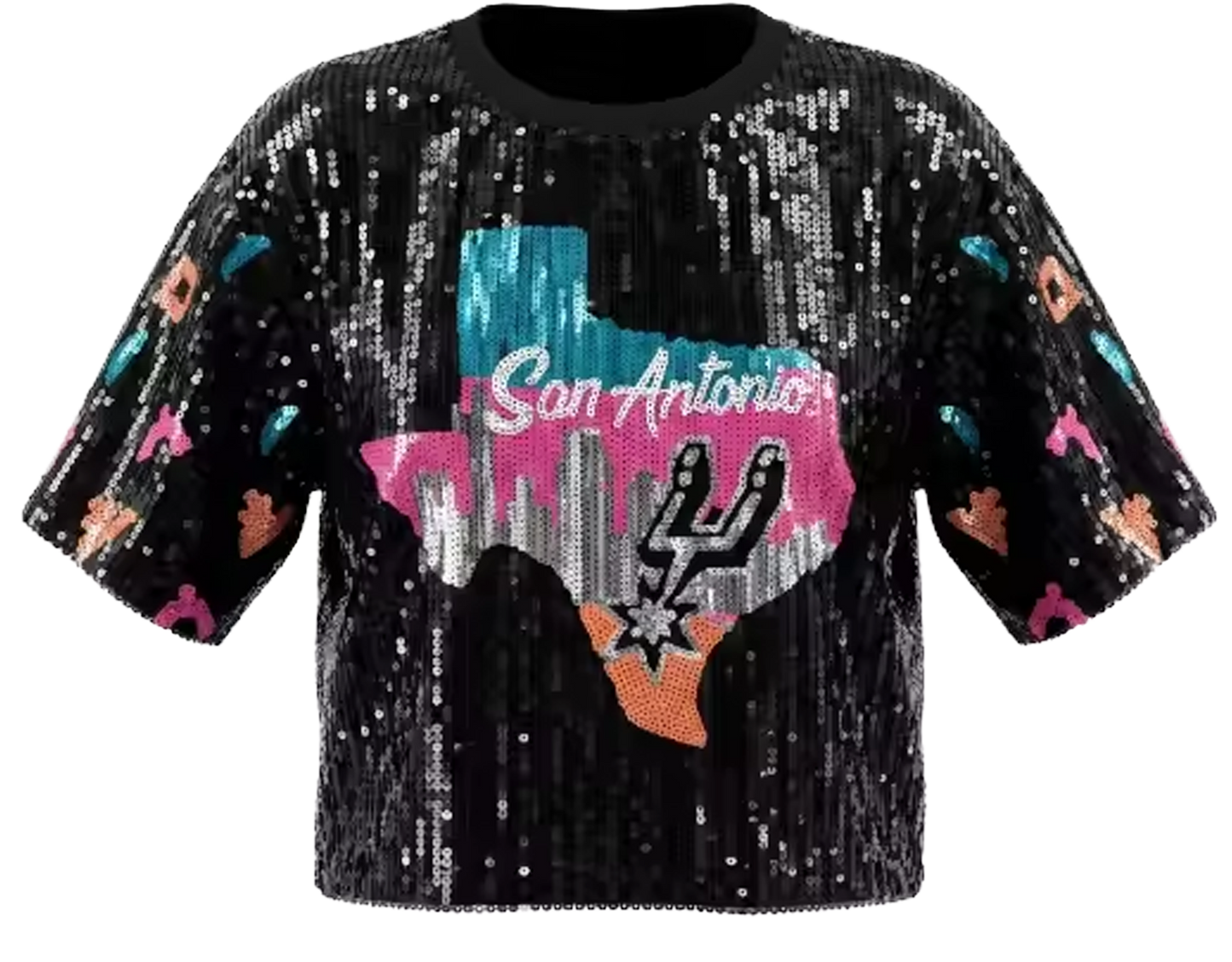 Black Boxy San Antonio Spurs Sequin Skyline Top